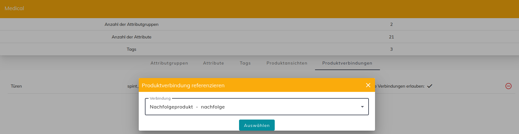 Dialogfeld eine Produktverbindung einer Produktfamilie hzuweißen